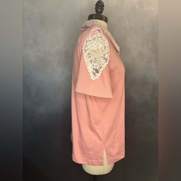 Vintage Lacy Afternoon by Shell Kepler Pink Lace Polo Top - Size M - Picture 4 of 8